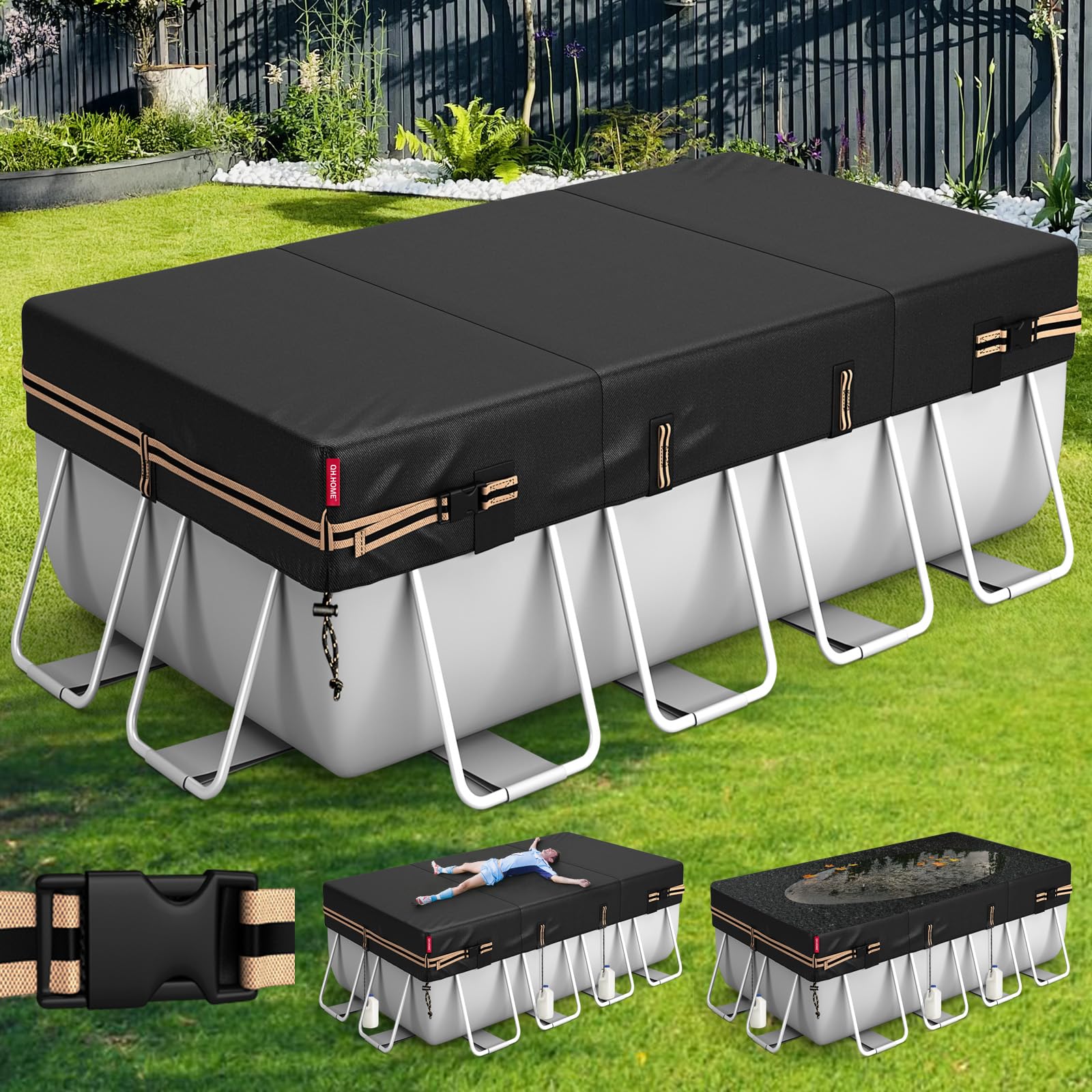 Photo 1 of QH.HOME Rectangular Pool Cover for 9x18 Ft Bestway/Intex/Coleman Frame Rectangular Pool, [Excellent Windproof ] with Adjustable Buckle Straps & Weight-Bearing Rings,Cold and UV Resistant