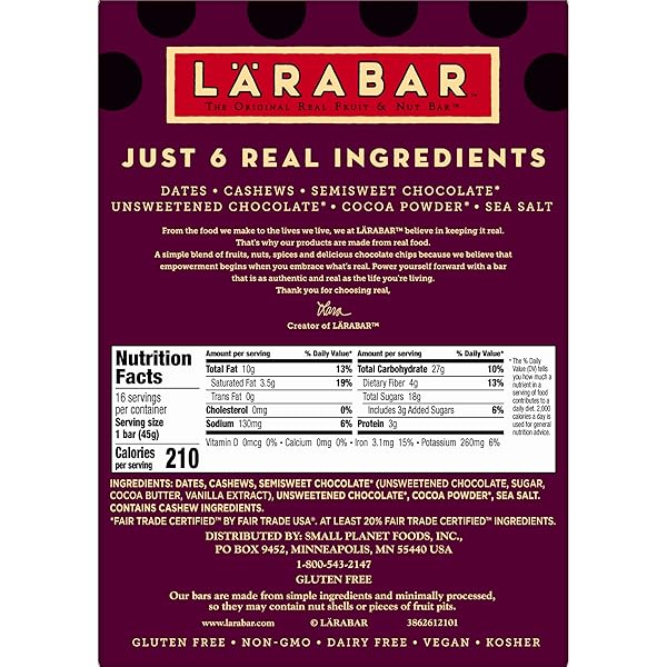 LARABAR DOUBLE CHOCOLATE TRUFFLE, GLUTEN FREE VEGAN FRUIT AND NUT BARS, 25.6 OZ, 16 CT