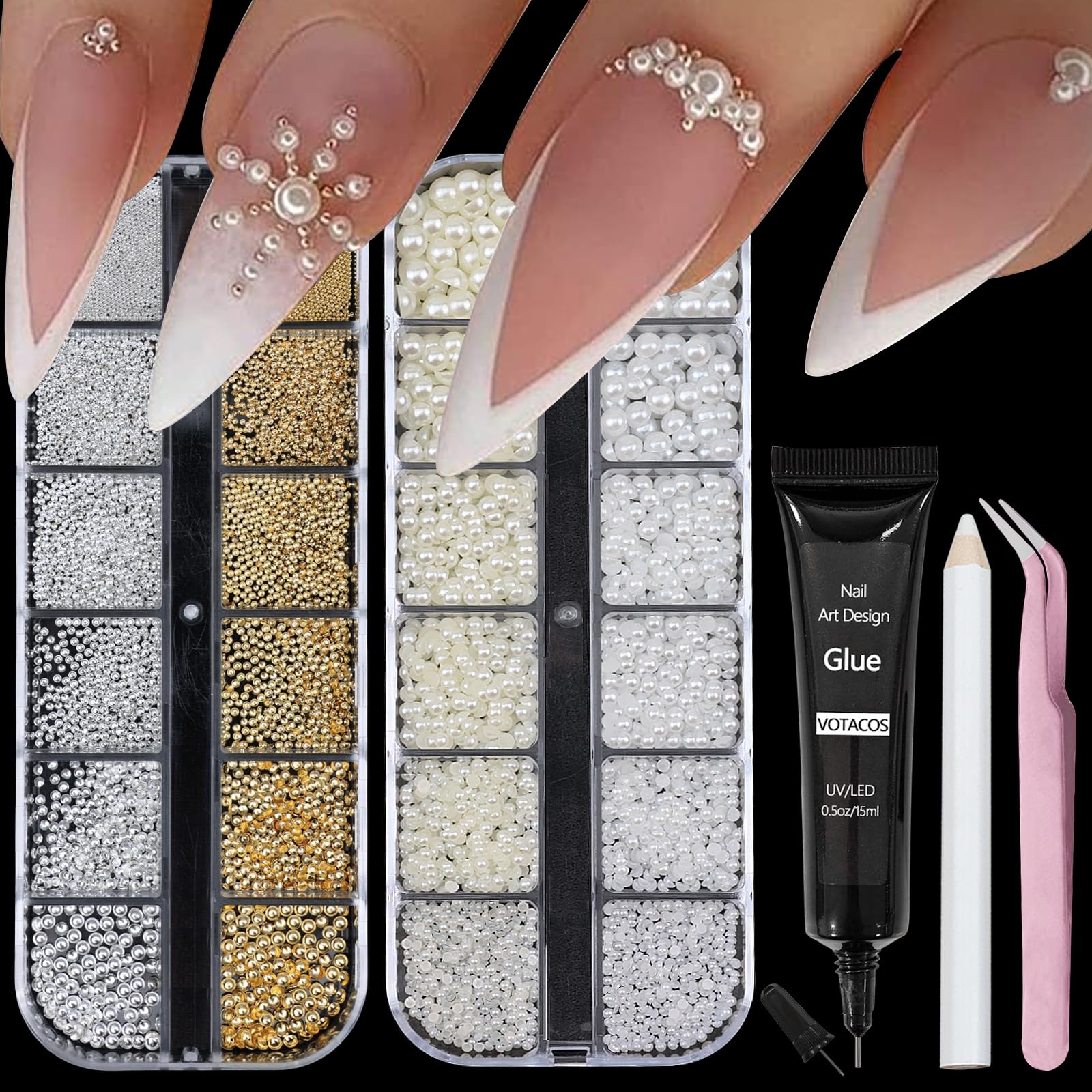 Photo 1 of VOTACOS Nail Art Pearls with Nail Rhinestones Glue Gel Flatback Pearls Nail Charms Luxurious Nail Supplies Accessories Gold Silver Nail Gems Jewelry Pearls for Women Nail Design