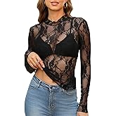 OFEEFAN Womens Long Sleeve Mesh Top See Through Mock Neck Sheer Blouses