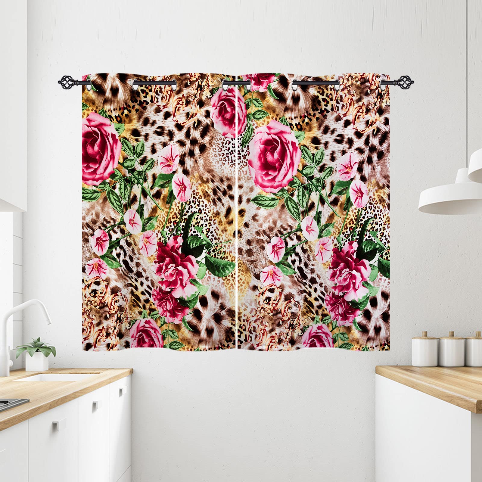 ANHOPE Leopard Curtains Eyelet Soft Thermal Insulated Ring Top 80% Blackout Curtains with Safari Animal Cheetah Striped Flower Print Pattern Window Drapes for Bedroom Living Room 28 x 54 Inch 2 Panels