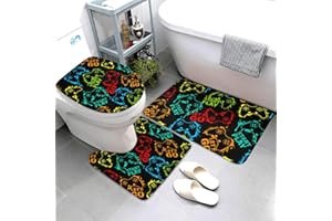 Jbofyee Colorful Silhouettes Game Joysticks 3 Piece Bathroom Rugs Set, Bath Mat + Contour Mat + Toilet Seat Cover, Non-Slip S