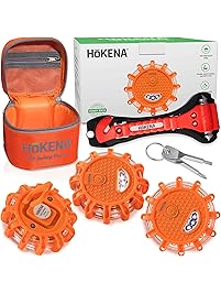 LED Road Flares Emergency Lights - Roadside Warning Car Safety Flare Kit for Vehicles & Boat | 3 Beacon Disc Pack with Tools for Easy Battery Replacement & Bonus Seatbelt Cutter