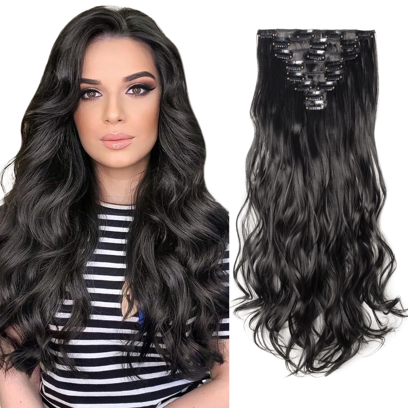 Clip in Hair Extensions 8Pcs 18 Clips Thick Clip on Synthetic Hair Extension Hairpieces for Full Head 17" Curly Dark Black — image 1