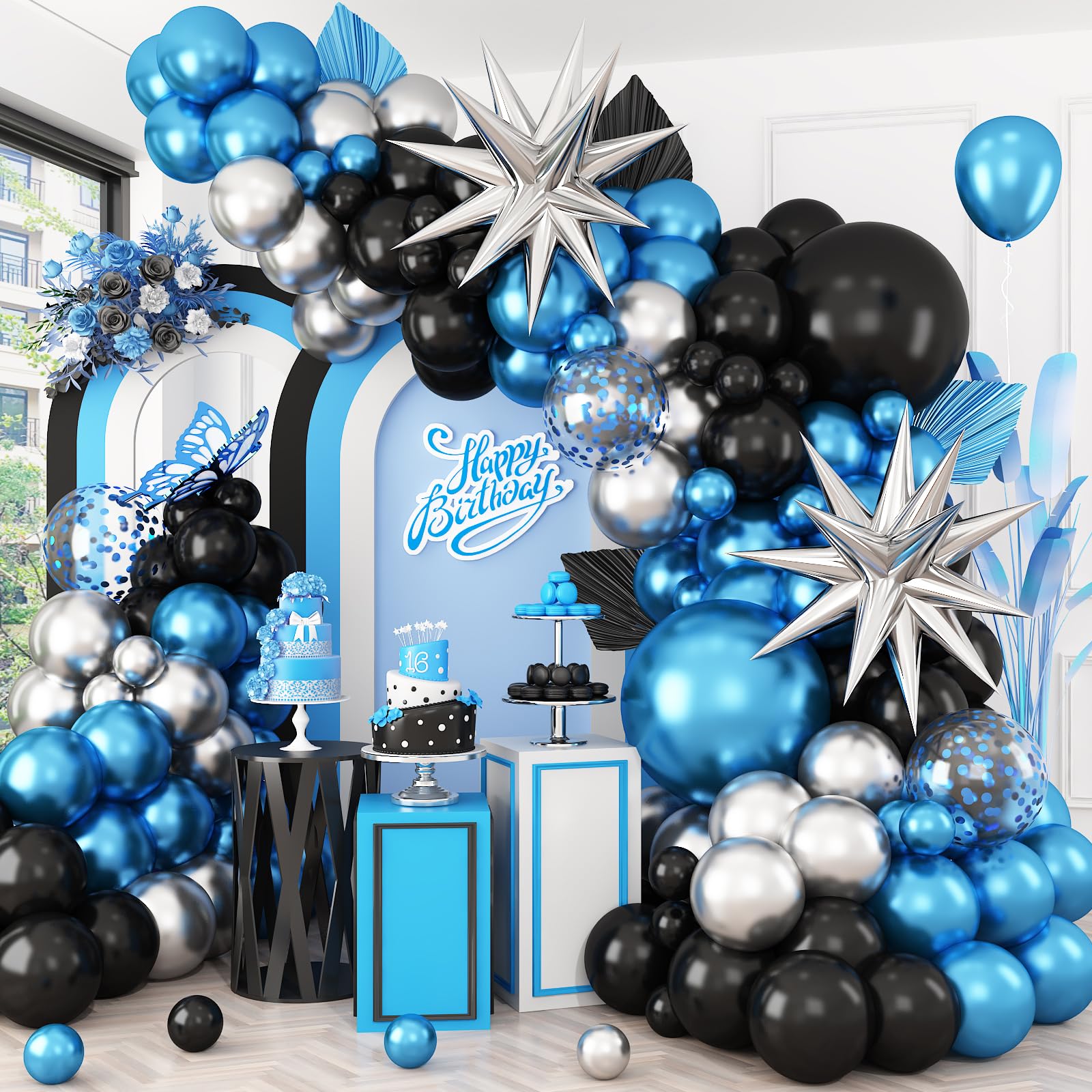 Blue Silver Black Balloon Arch Kit,Balloon Garland