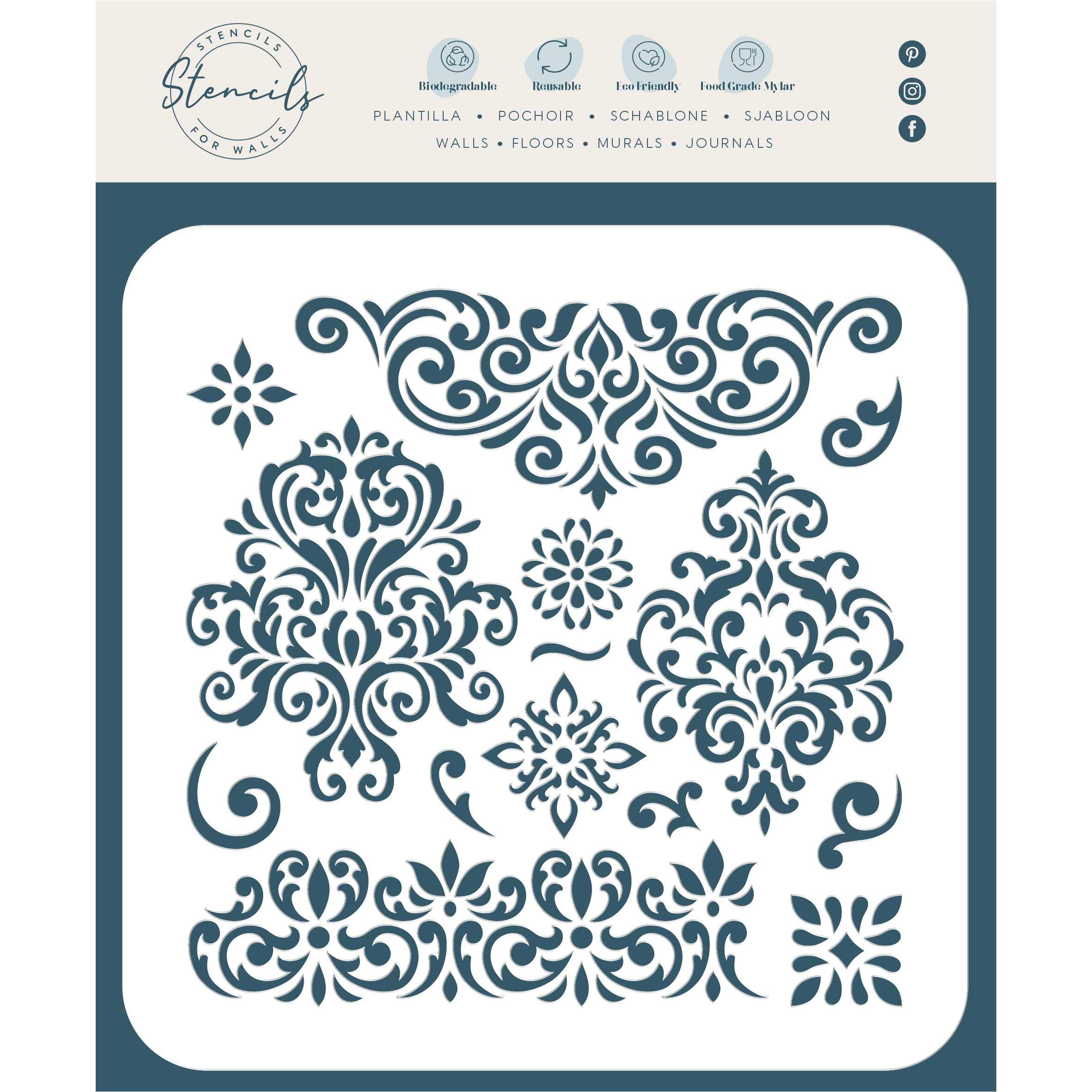 Damask Patterns Stencil, 16.5 x 16.5 cm (S) - Vintage Frame Decorative Ornament Flourish Scroll Element Damask Graphic Stencils for Painting Template