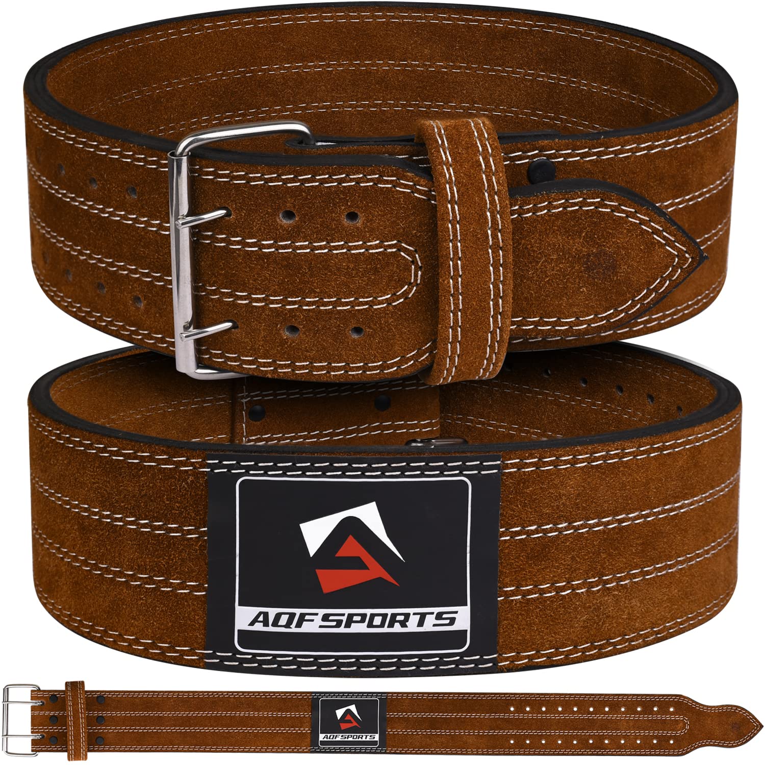 AQF Weight Lifting Nubuck Leather Powerlifting Belt Back Support – 4” Wide x 10mm Thick Double Prong Steel Roller Buckle Contoured Training Belt Suede Lining Black & Brown (Brown, X Large 35" to 40")
