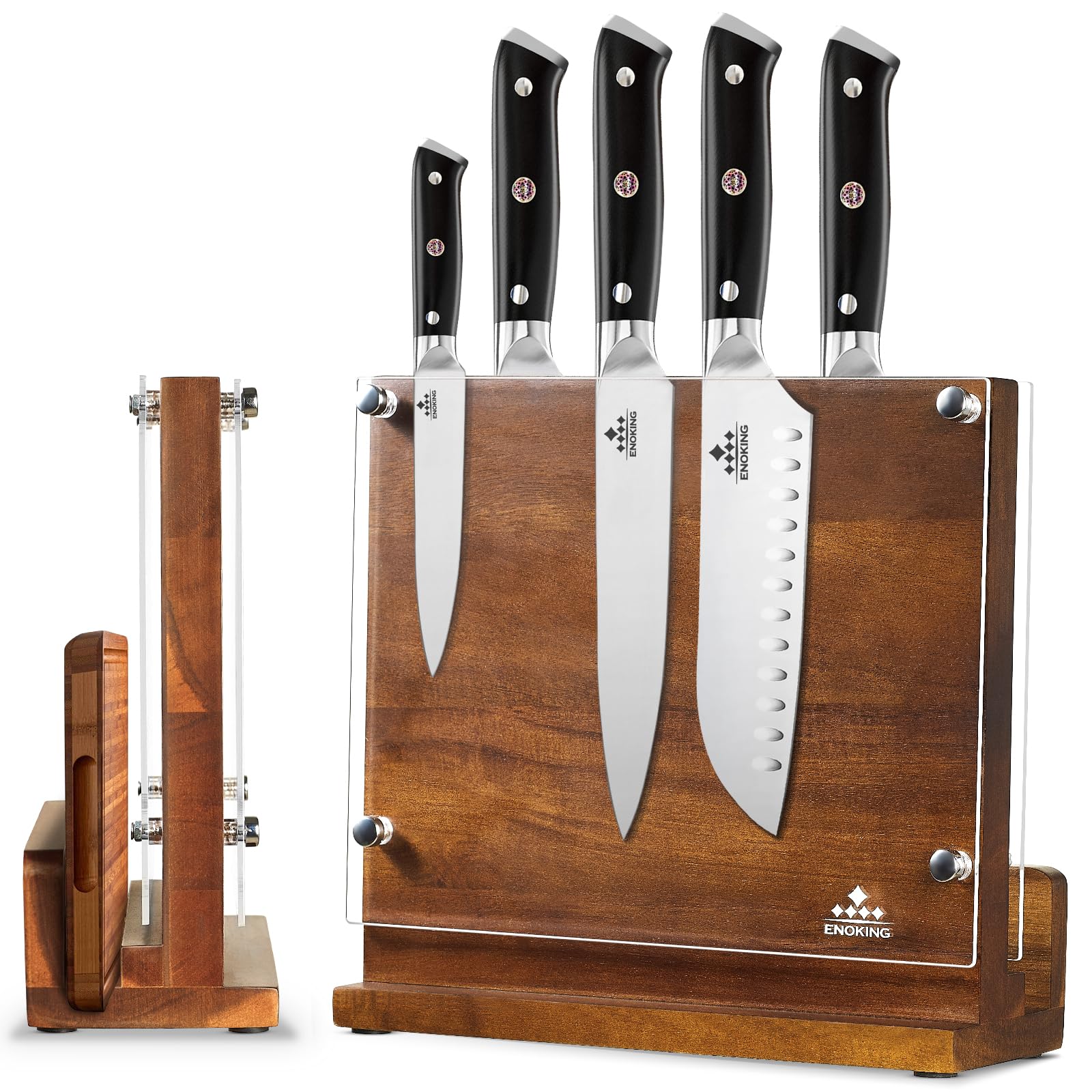 Photo 1 of ENOKING Magnetic Knife Block with Acrylic Shield, Double Side Kitchen Knife Holder without Knives- Acacia Wood Universal Knife Storage Organizer with Powerful Magnet for Kitchen Counter