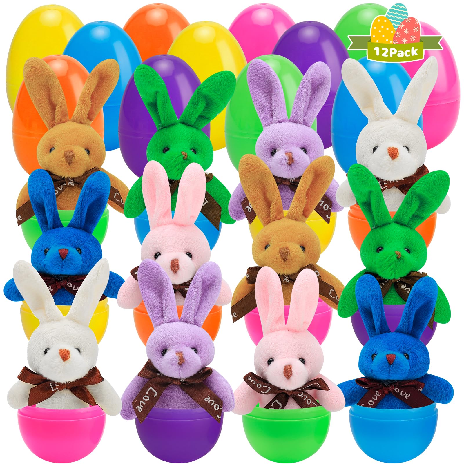 AUUGUU 12 Pack Prefilled Easter Eggs with Stuffers Plush Rabbit Toys for Easter Egg Hunt, Easter Basket Stuffers Fillers, Easter Party Favors, Easter Classroom Prize Supplies