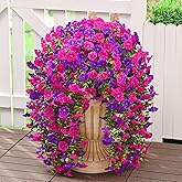 Dolicer 8 Packs Look Real Artificial Flowers for Outdoors, Fake Artificial Hanging Flowers for Outdoors Realistic UV Resistant Hanging Flowers Silk Petunia Faux Flowers for Porch Patio(Purple+Fuchsia)