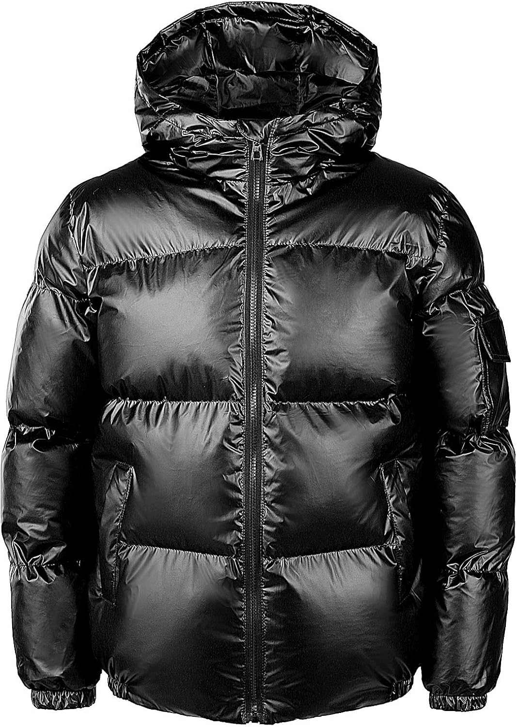 JOGAL Men's Metallic Hooded Puffer Jacket Medium A350 Black Clothing