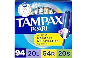 Tampax Pearl Tampons for Women Multipack, with LeakGuard Braid, Light/Regular/Super Absorbency, Unscented, 94 Count (2 Packs 