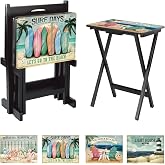 Cape Craftsmen Rectangular TV Trays Table | Set of 4 | Easy Folding Couch Trays with Storage Rack | Decorative Portabe Serving Tables for Home Activities (West Coast Beach)
