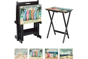 Cape Craftsmen Rectangular TV Trays Table | Set of 4 | Easy Folding Couch Trays with Storage Rack | Decorative Portabe Serving Tables for Home Activities (West Coast Beach)