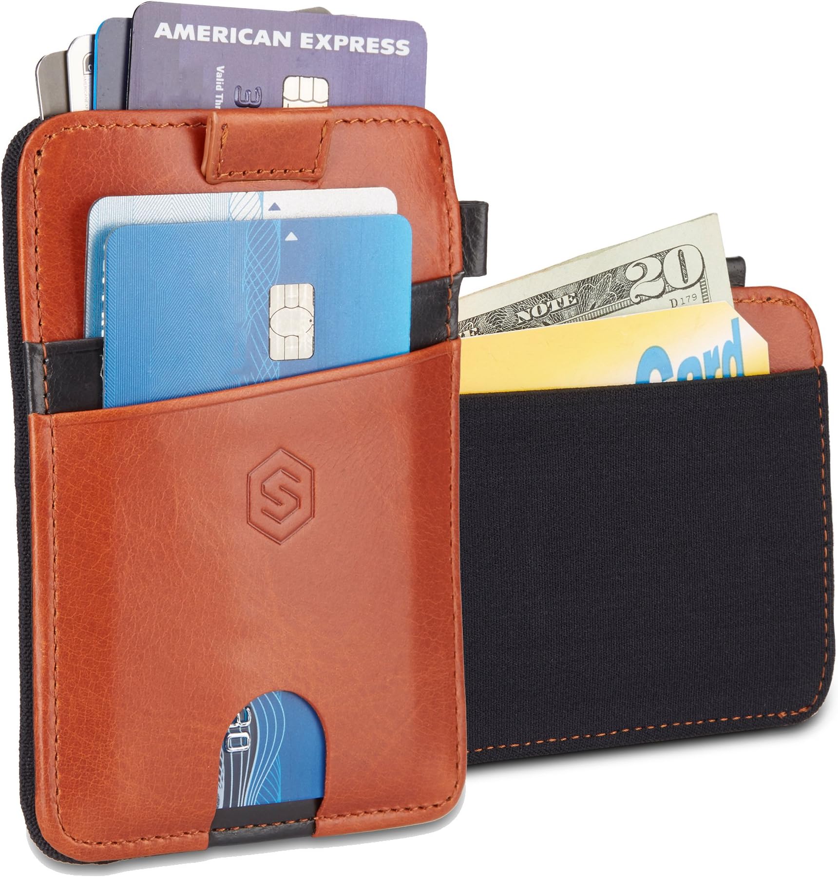 Wallet V2 & RFID Blocking Genuine Leather Sleeve Men Wallet – Sleek, Slim, Compact, Expandable, With Pull Out Strap – For Credit & Business Cards (Brown & Black Stripe)