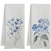 WOTYPU Vintage Blue Floral Kitchen Towels, Cottagecore Flower Botanical Dish Tea Towels, Rustic Farmhouse Floral Plant Decorative Hand Towel for Bathroom, 16x24 Inch Set of 2