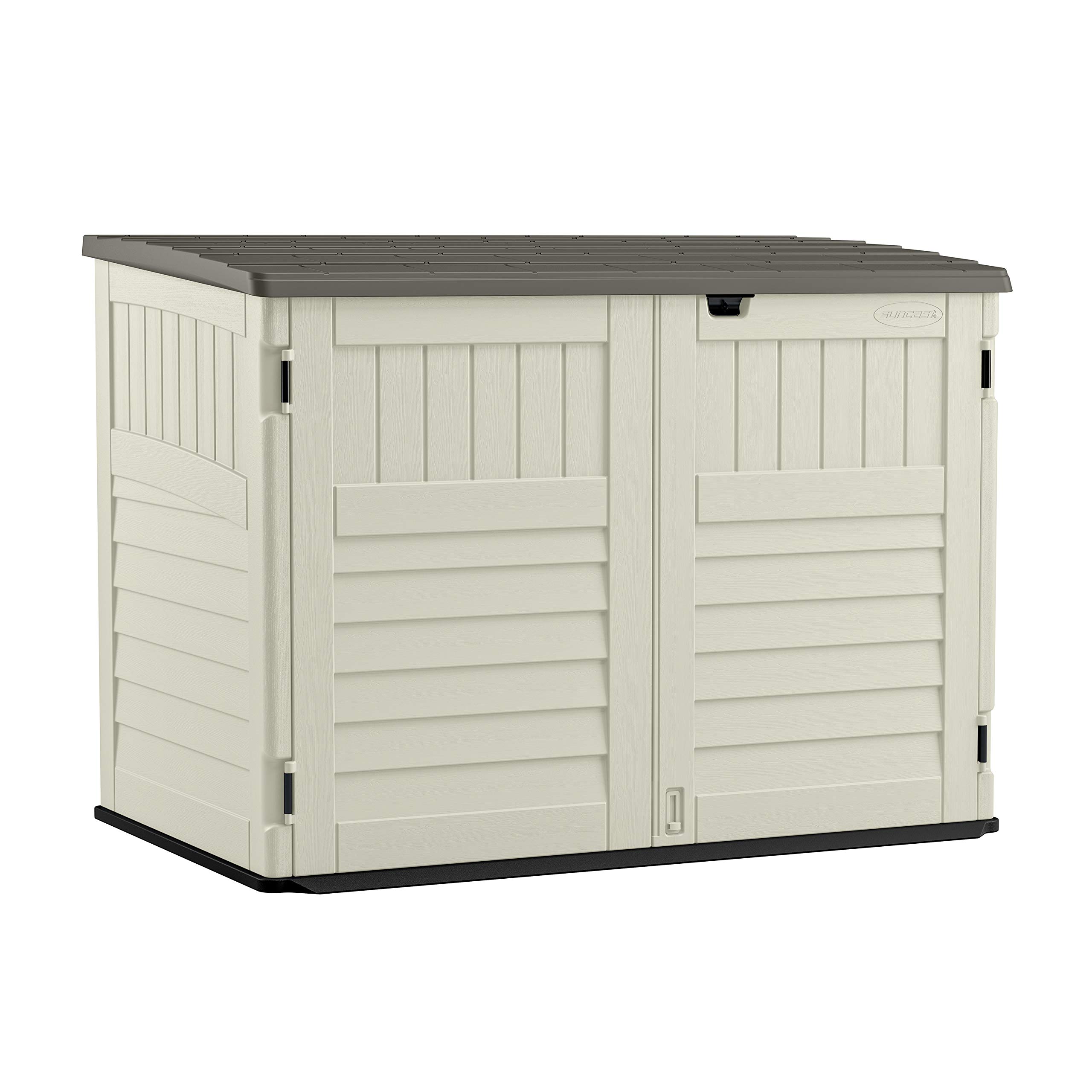 Suncast 5.9 ft. x 3.7 ft Horizontal Stow-Away Storage Shed - Natural Wood-like Outdoor Storage for Trash Cans and Yard Tools - All-Weather Resin, Hinged Lid, Reinforced Floor - Vanilla and Stoney