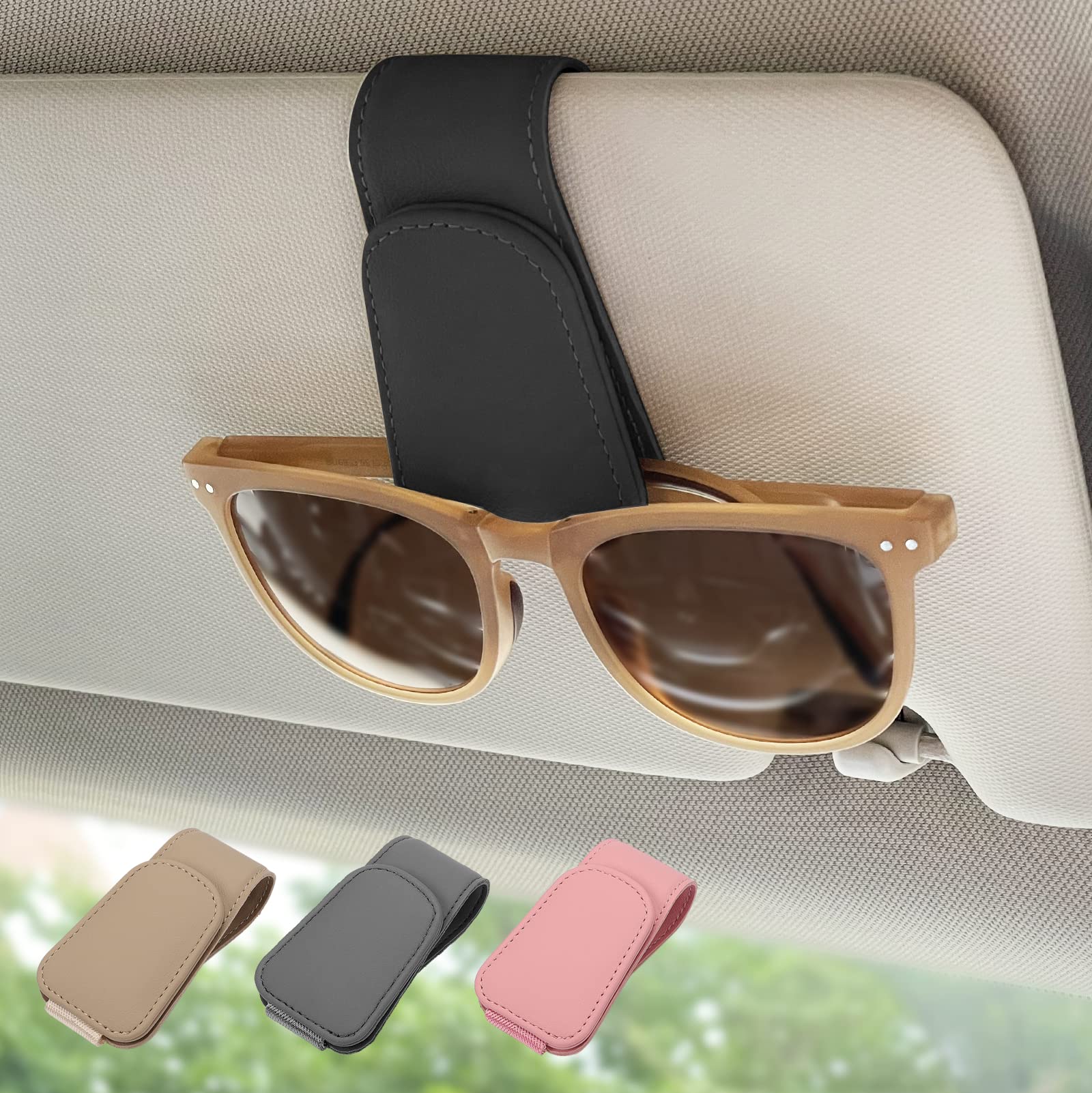 Photo 1 of Ompellus Magnetic Leather Sunglass Holder, Eyeglass Hanger Clip for Car Sun Visor, Suitable for Different Size Eyeglasses(Black, 1 Pack)