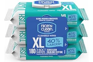 Nice 'N CLEAN Extra Large Flushable Wipes | 40% Larger Wipes | 6.8" x 7.5" Unscented XL Adult Wet Wipes | Septic and Sewer Safe | Fragrance Free, Hypoallergenic, Plant Based | 180 Butt Wipes