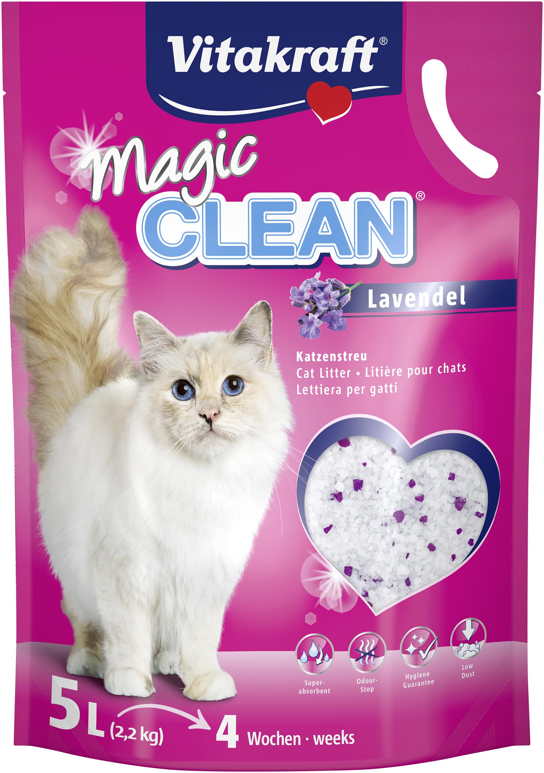 Vitakraft Magic Clean Lavender, Cat Litter, Delicate Lavender Fragrance, Non-Clumping, Very Low Dust, Practical Carry Tab (1 x 5L)