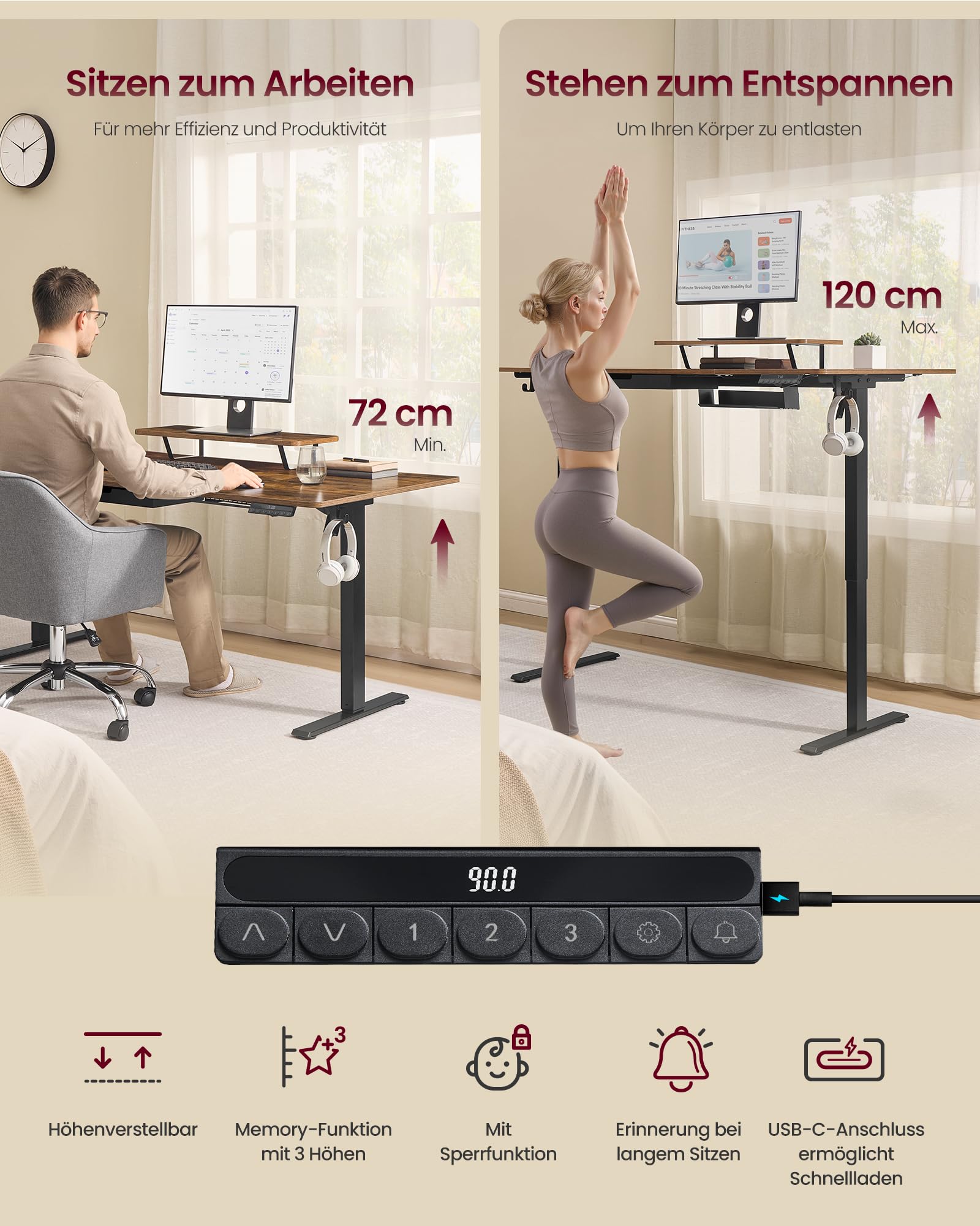 VASAGLE Höhenverstellbarer Schreibtisch, 160 x 80 cm, flexibel montierbarer Monitorständer, Schublade, USB-C-Anschluss, Erinnerung bei langem Sitzen, für Büro, vintagebraun LSD156KD01 7