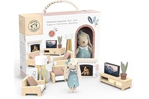 SPEEDY MONKEY Cozy Dollhouse Living Room Playset with Bunny – Miniature FSC Wooden Furniture Sofa, TV – Pretend Play Fully Furnished Farmhouse Accessories for Kid, Toddler, Girl – Doll House Decor Toy