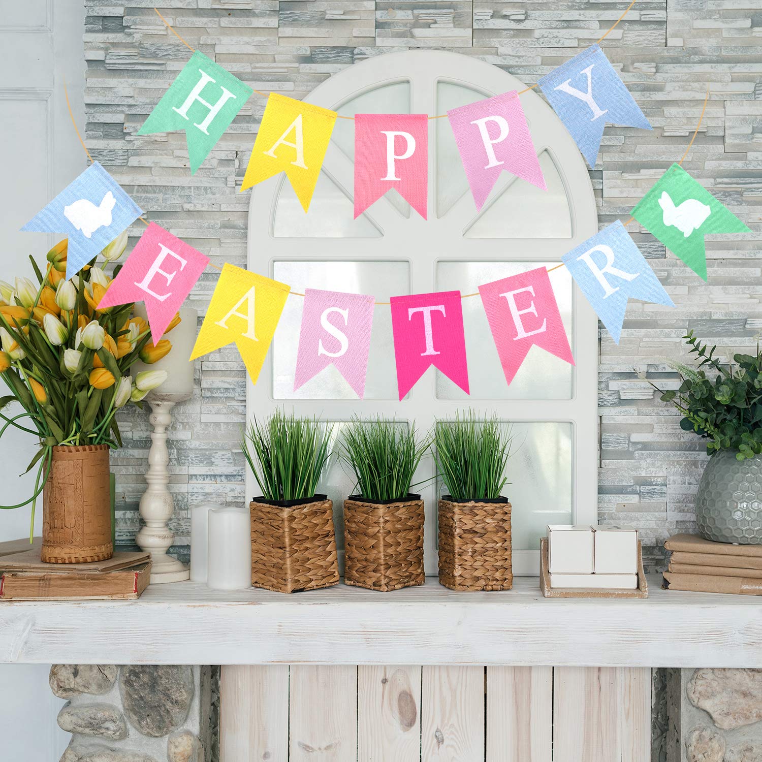 TUPARKA Pack of 2 Easter Garland, Happy Easter Banner, Easter Bunting Garland Decorations for Easter Party Supplies