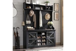 JXQTLINGMU 59" Farmhouse Hall Tree with Shoe Storage, Entryway Bench with 20 Cubbies, 12 Hooks & Sliding Barn Doors, Mudroom Coat Rack Cabinet, Black