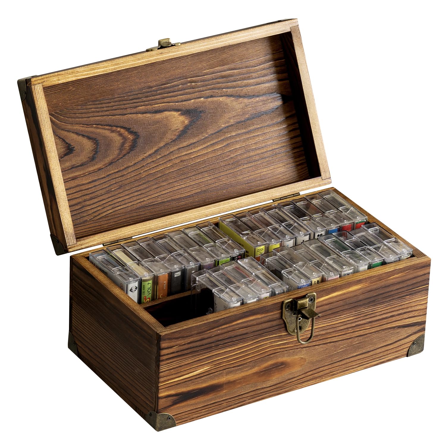 Photo 1 of MyGift Rustic Dark Brown Wood Retro Audio Cassette Tape Storage Box with Antique Brass Tone Metal Latch and Brackets, 4 Compartments Hold up to 32 Tapes