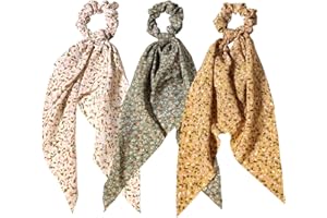 LFOUVRE 3pcs Women Ribbon Scrunchies Bow Knotted Classic Floral Pattern Hair Ties Vintage Bunny Ear Ponytail Holders Hair Accessories