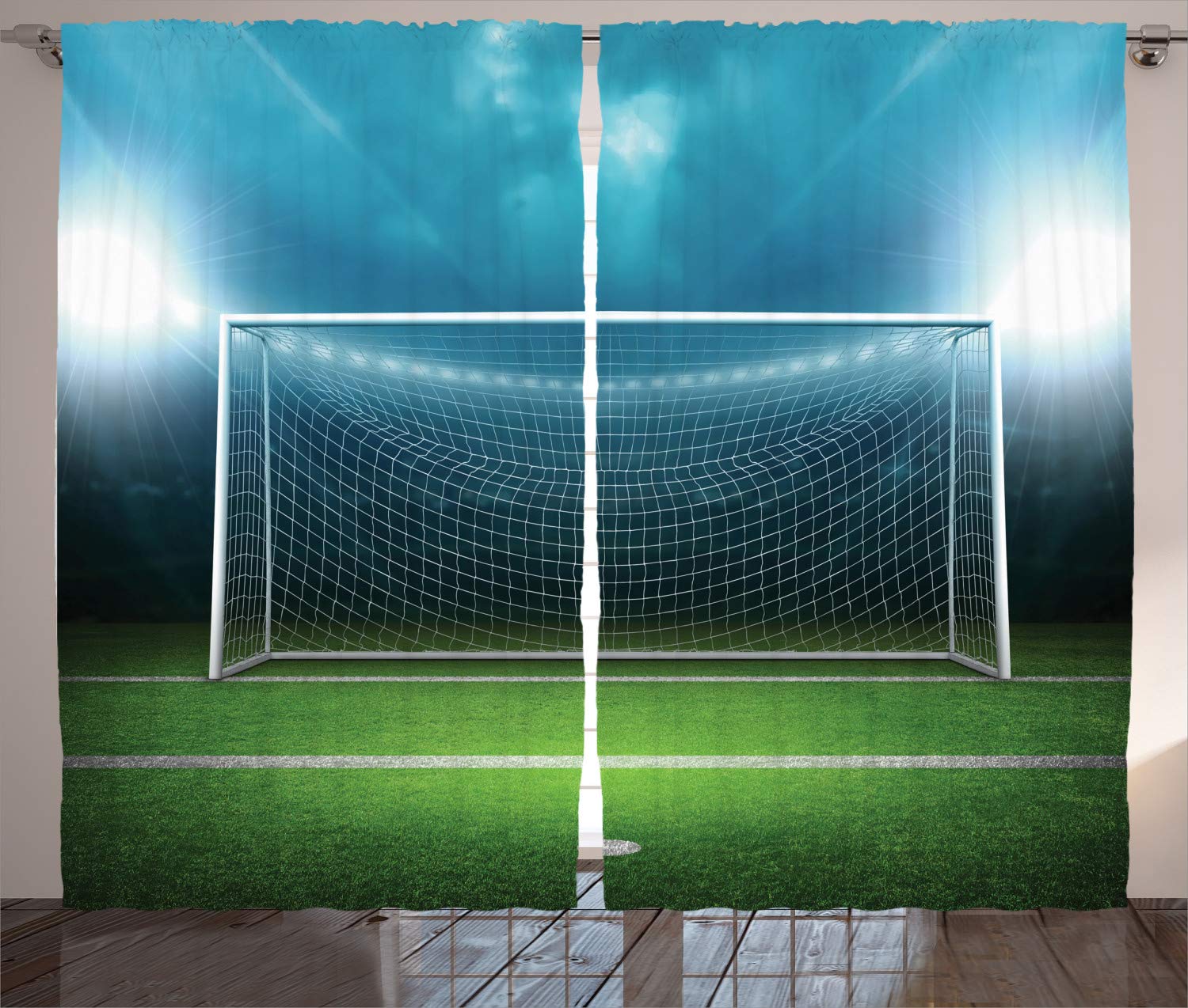 ABAKUHAUS Soccer Curtains, Soccer Goal Post Sports Area Winner Loser Line Floodlit Best Team Finals Game Theme, Living Room Bedroom Window Drapes 2 Panel Set, 280 x 260 cm, Green blue — image 1