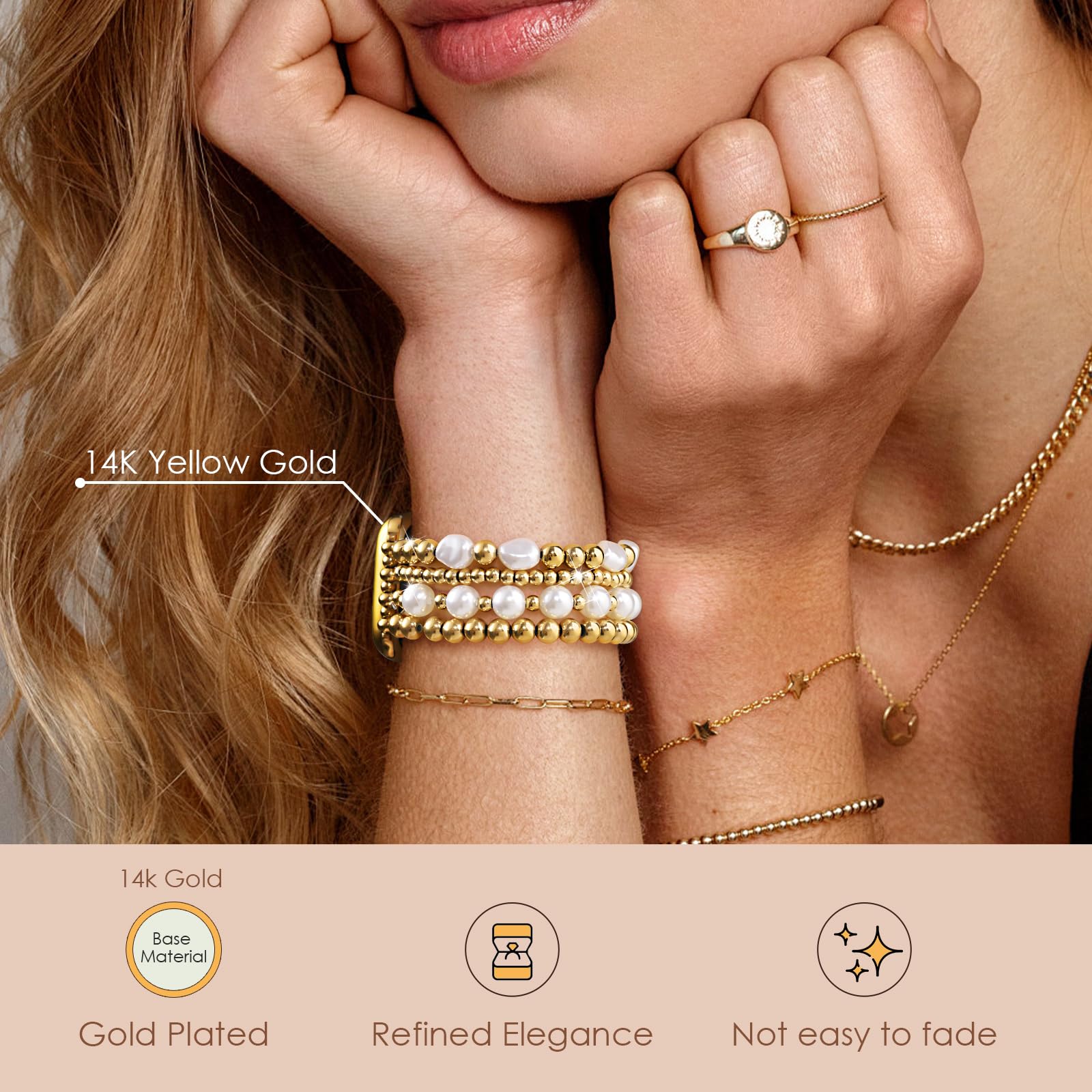 AIRSPO Gold Beaded Bracelets Compatible for Apple Watch Band 38mm 40mm 41mm 42mm 44mm 45mm Women, Fashion Handmade Dressy iPhone Watch Bands Elastic Strap for iWatch Series SE 8 7 6 5 4 3 2 1