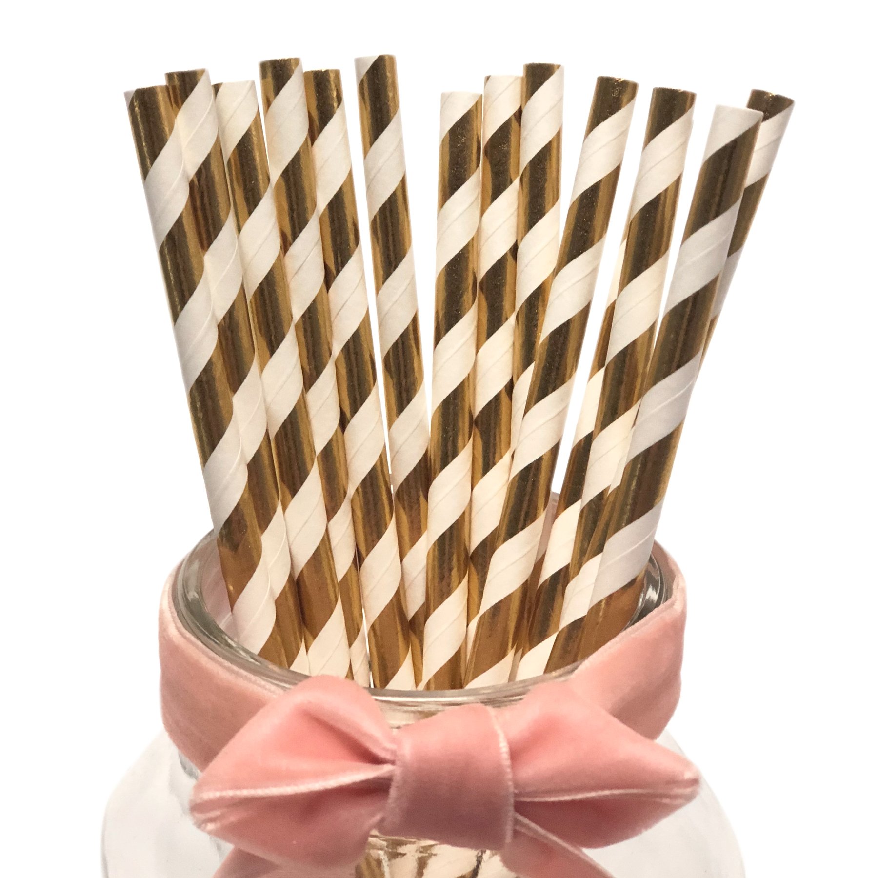 YYECO Disposable Gold and White Striped Paper Straws Metallic Gold Foil Paper Drinking Straws for Wedding, Celebrations, Party Supplies (100 Pack)