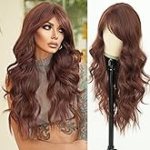 PARK YUN Long Wavy Reddish Brown Wigs With Bangs 28 Inch Chocolate Brown Side Part Curtain Bangs Heat Resistant Synthetic Wig Natural Looking Wigs for Women Daily Party Use