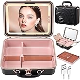 Faquenc Travel Makeup Case with LED Lighted Mirror 12 Inch Portable Makeup Box Organizer Adjustable Brightness in 3 Colors Cosmetic Storage Case with Dividers Hard Aluminum Shell Vanity Box Black