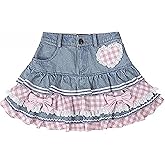 Pokn Jean Mini Skirt Cutecore Preppy Lolita Kawaii Harajuku Y2K Denim Skirt Lace Cake Clothes