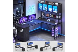 SEDETA L Shaped Gaming Desk with Drawers, L Shaped Computer Desk with Hutch and Storage Shelves, Gaming Desk with Pegboard, Led Lights, and Power Outlet, Home Office Desk, Corner Desk, Black