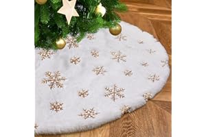 Small Christmas Tree Skirt Gold 24 inches White Faux Fur Tree Skirt for Christmas Holiday Decorations Sequin Snowflakes Ornam