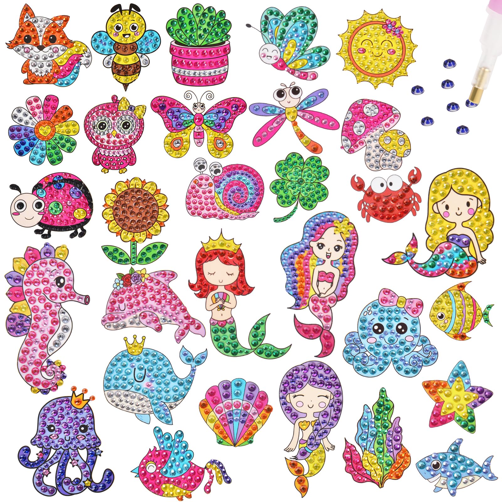 AUAUY Diamond Painting Stickers Kits for Kids, Arts and Crafts for Girls Boys, Easy to DIY Creative Diamond Mosaic Sticker Craft by Numbers Kits for Kids and Adult Beginners (30PCS Mermaid)