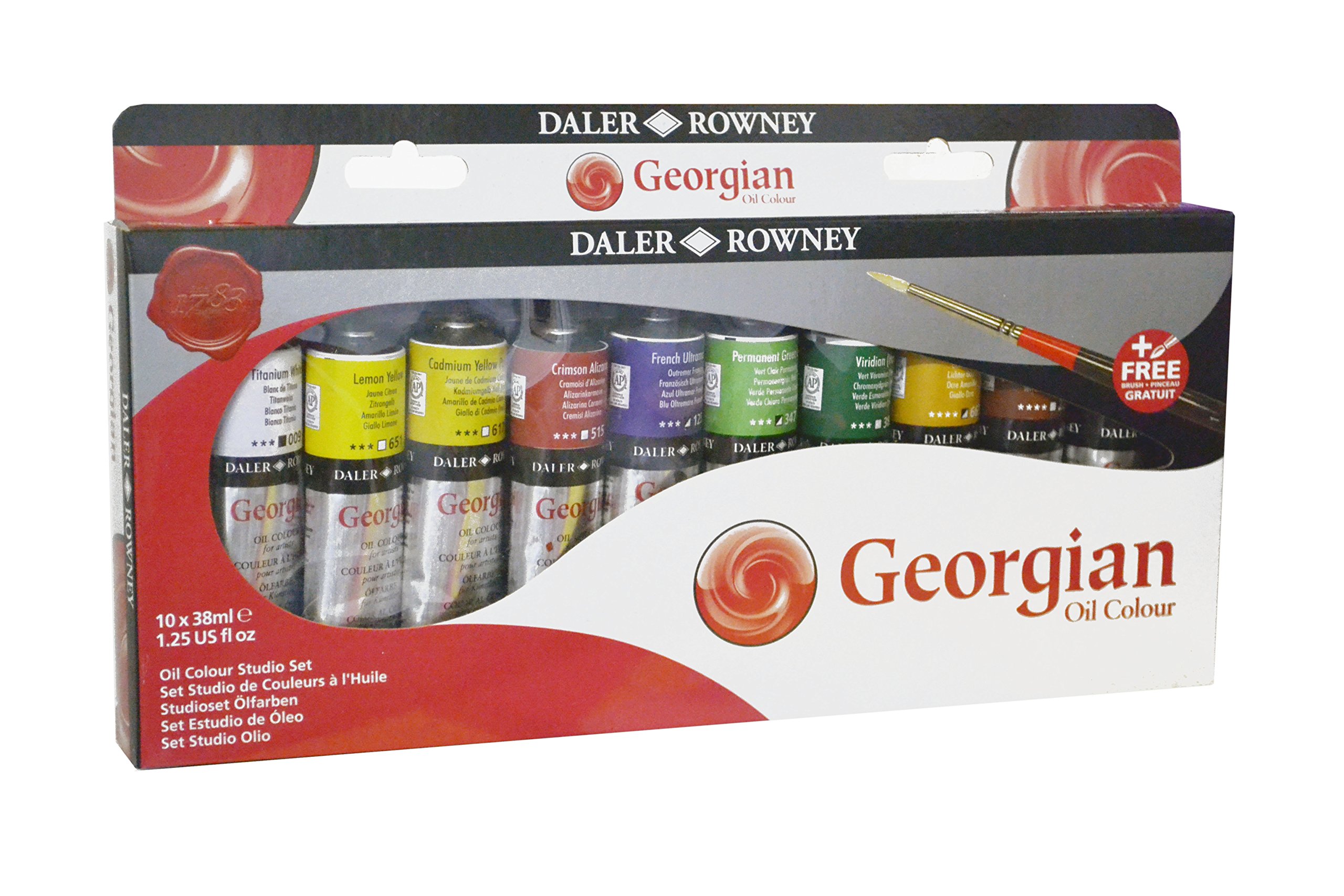 Daler-Rowney Georgian Oil Paint, Aluminium Tube, 1.28oz - 38 ml, Studio Set, 10 Assorted Colours + 1 Georgian Oil Brush