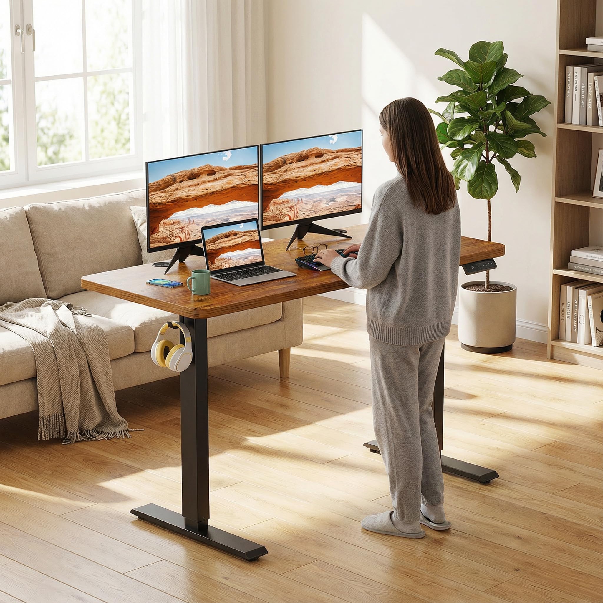 farexon Electric Standing Desk Adjustable Height, 48x 24 Inches Sit Stand Desk with Double Crossbeam Structure, Four Preset Heights, 27''-45'' Lifting Range Stand up Desk for Home Office