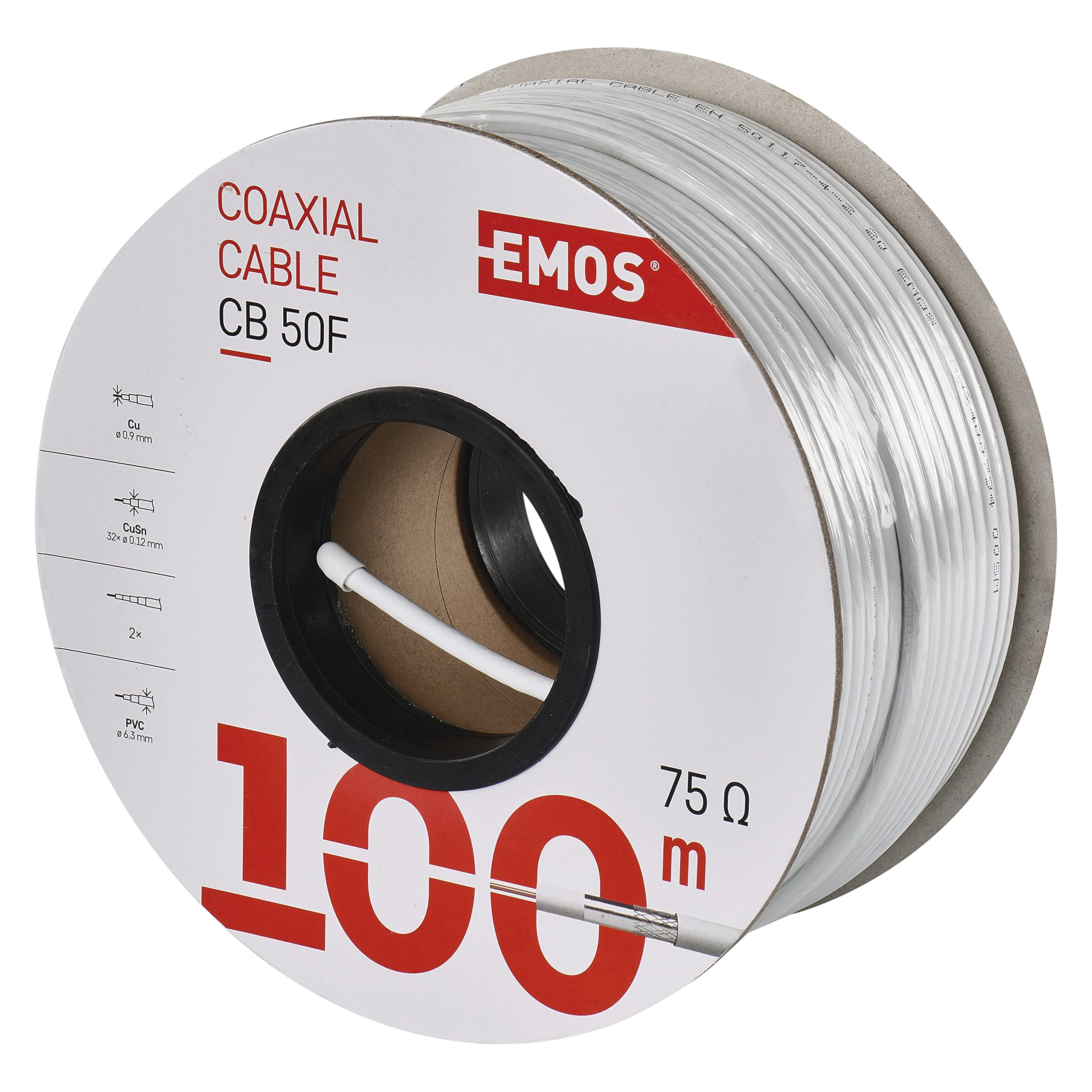 EMOS 100m White Coaxial Cable, Type CB50F, Double Shielded, 75 dB Shielding, 75 Ohm Resistance, Suitable for TV, SAT, CCTV, Digital Compatible, Supports HDTV 1080p/4K, 100m Length