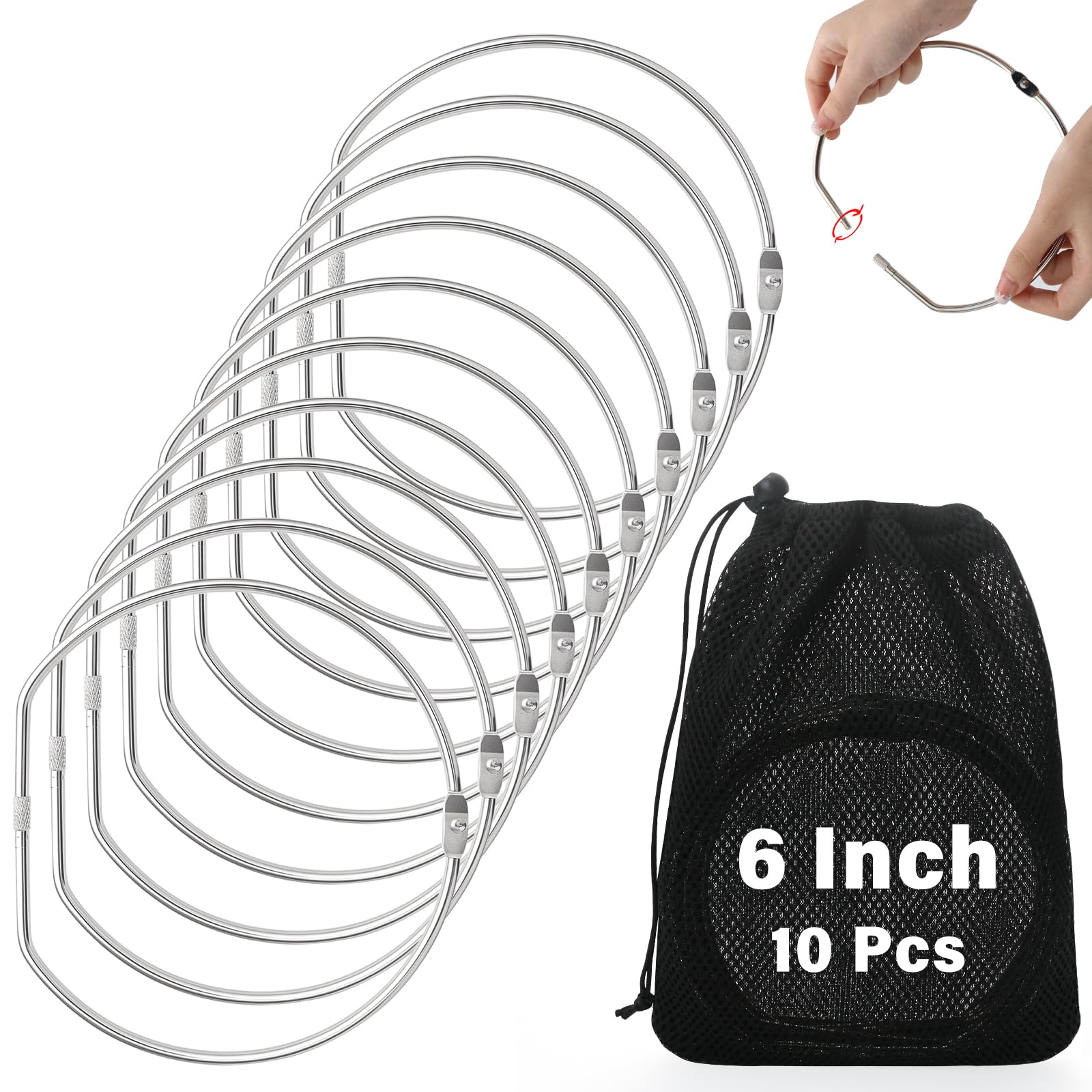 Photo 1 of 10 Pcs 6Inch Metal D-Shaped Binder Rings with Black Drawstring Bag Large Book Ring Clips Nickel Plated Steel D-Shaped Loose Leaf Binder Ring Book Keychain for Home Office Files DIY Craft Supplies