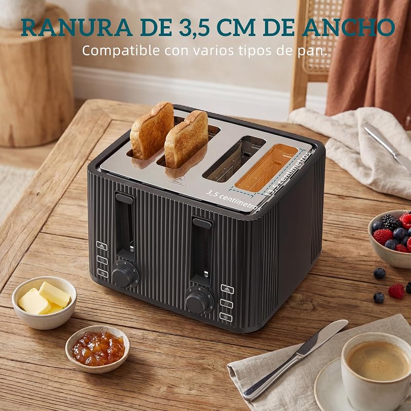 Tostadora 4 Ranuras Anchas 7 Niveles de Tostado, 1710W, Negro