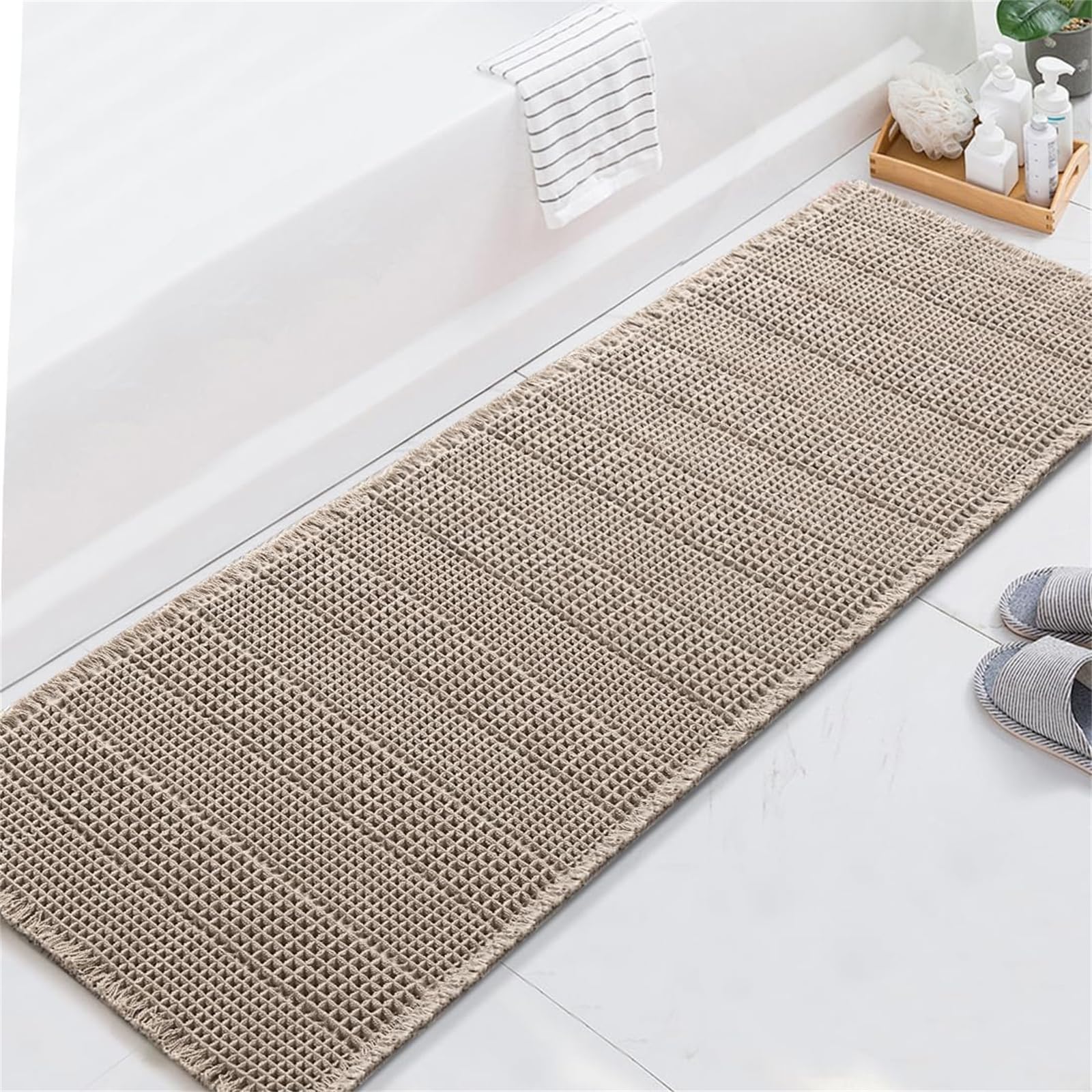 LINGKY Bath Mat Non Slip Anti Mould 60x180 cm - Khaki Waffle Bathroom Mat Extra Soft & Comfortable Bathmat Machine Washable Super Water Absorption Shower Mat