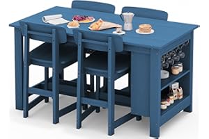 SERWALL Outdoor Bar Table and Chairs Set, 5-Piece HDPE Counter Height Patio Dining Sets with Storage and Wine Rack, Rectangular High Top Bar Table with 4 Bar Stools for Garden, Backyard, Blue