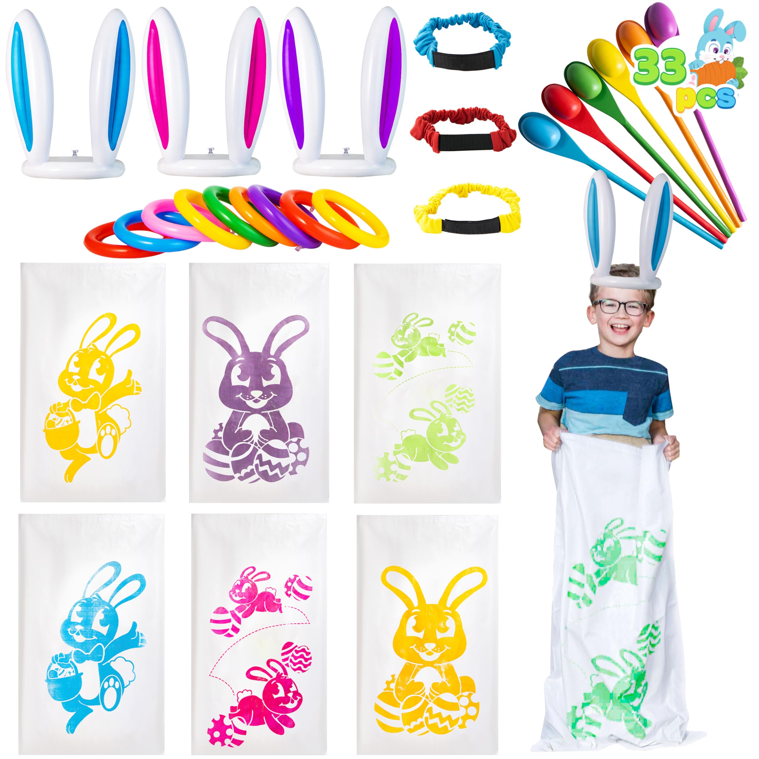 JOYIN Easter 33PCS Potato Sack Race Jumping Bags, Spoon and Egg Race, 6 Players Legged Relay Race Bands Elastic Tie Rope for Easter Theme Party Favor, Outside Lawn,Eggs Hunt Game Activities