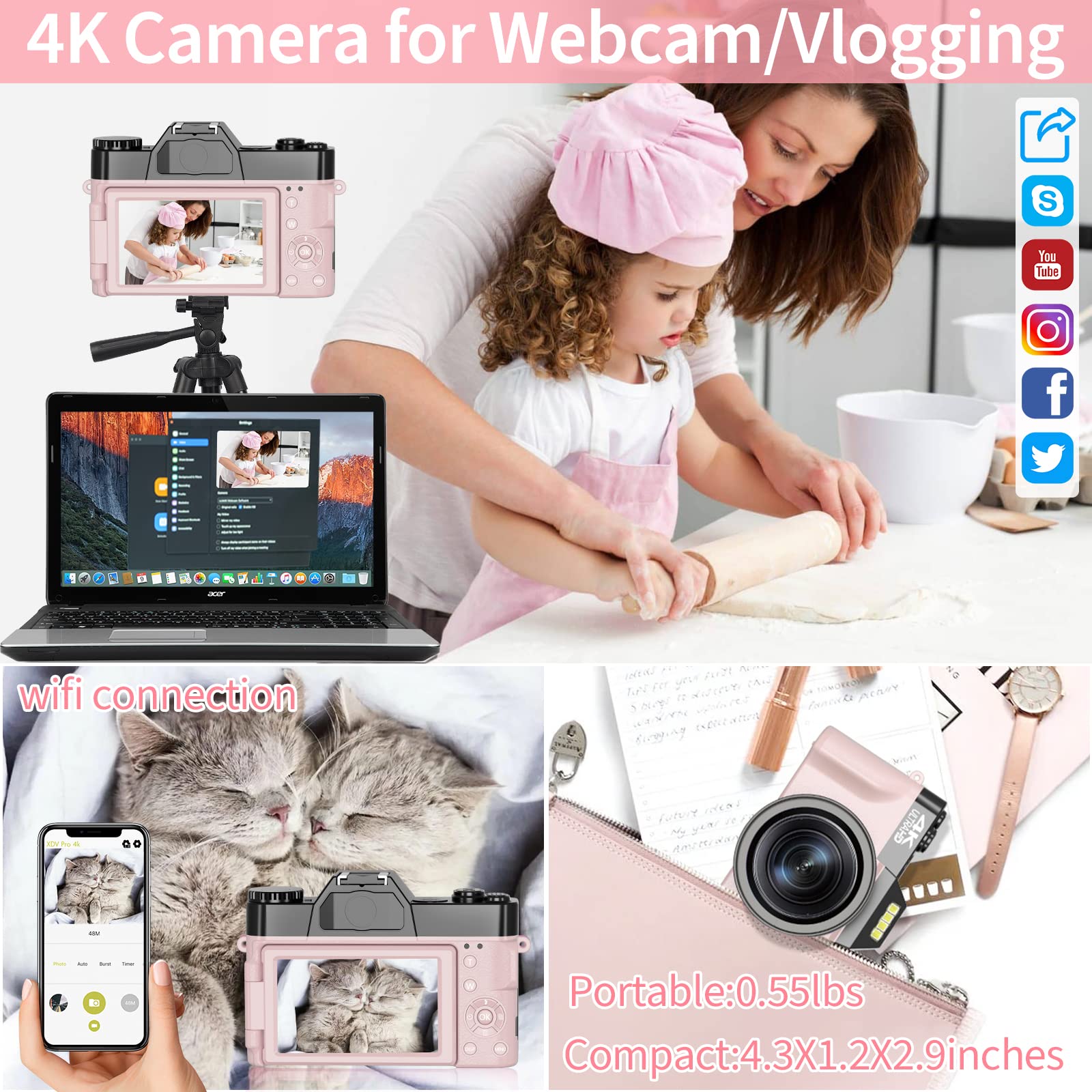 Digital Cameras for Photography, 4K 56MP Vlogging Camera for YouTube with WiFi, Manual Focus, 16X Digital Zoom, 52mm Wide Angle Lens & Macro Lens, 32GB TF Card and 2 Batteries(Pink)