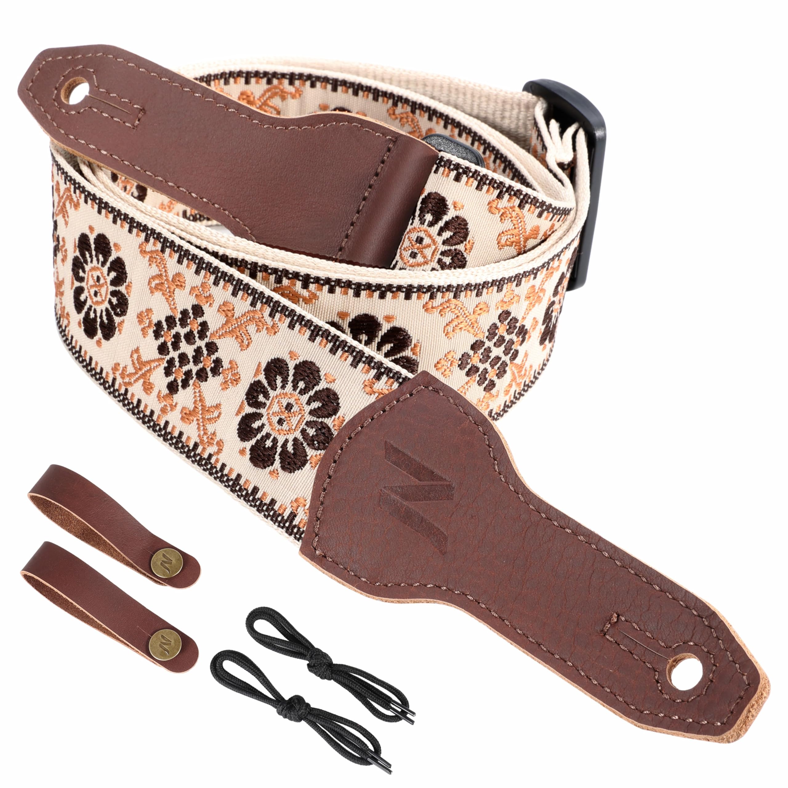 Nefelibata Banjo Strap, 2"Wide Full Grain Cowhide Guitar Strap Adjustable Replacement,Multi-pattern Guitar Strap With Headstock Rope and Leather Headband(Light Yellow Flower Embroidery)