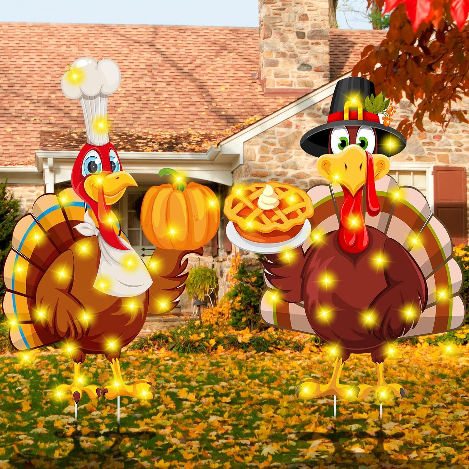 Yard Signs - Soaoo 2 Pack Thanksgiving Yard Signs with LED String Light Outdoor Fall Yard Signs with Stakes Pumpkin Turkey Autumn Decor Lawn Garden Sign for Harvest Party Decorations, 32 x 12 Inch (Turkey)